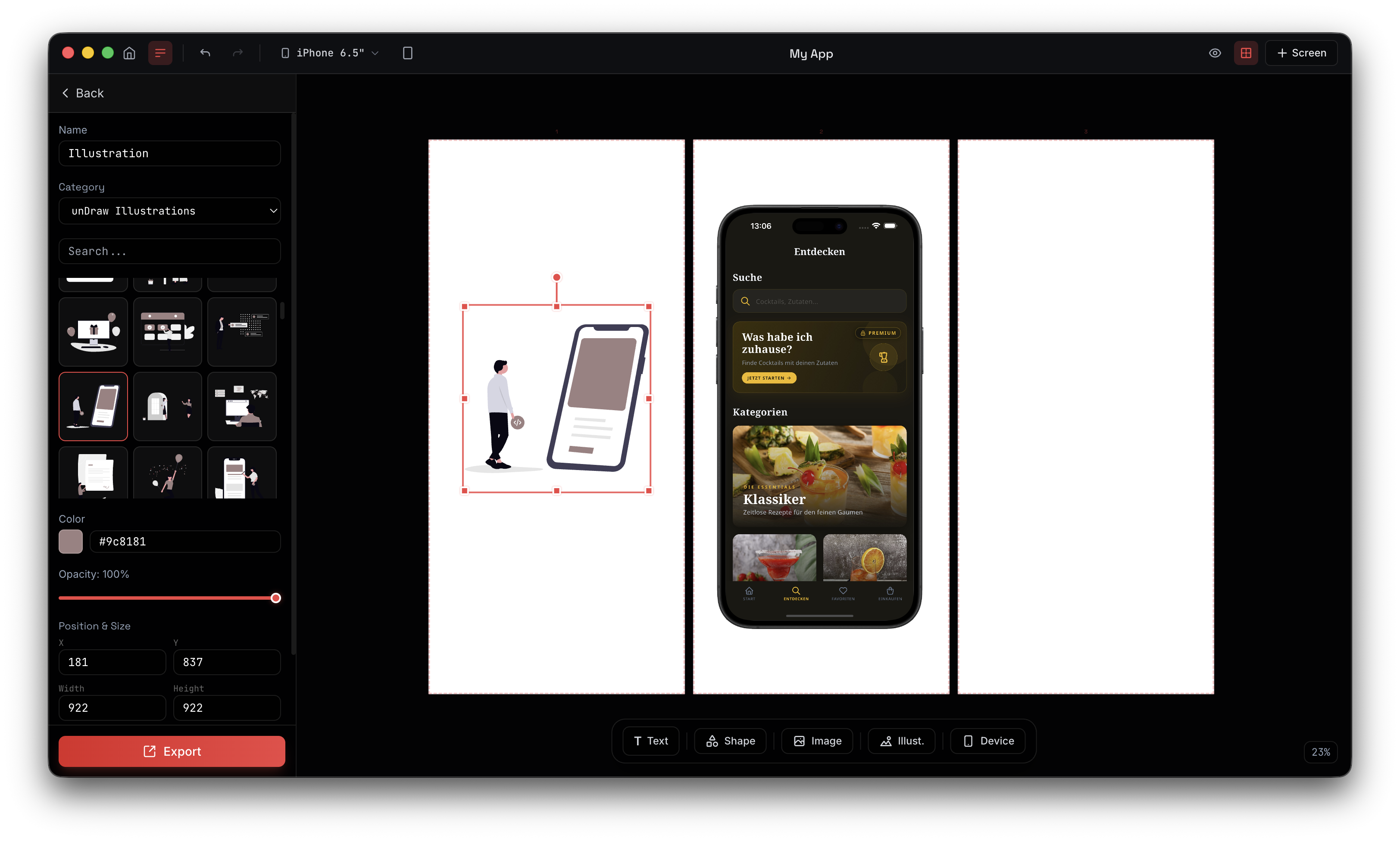 Lomio editor showing the illustration picker with unDraw assets