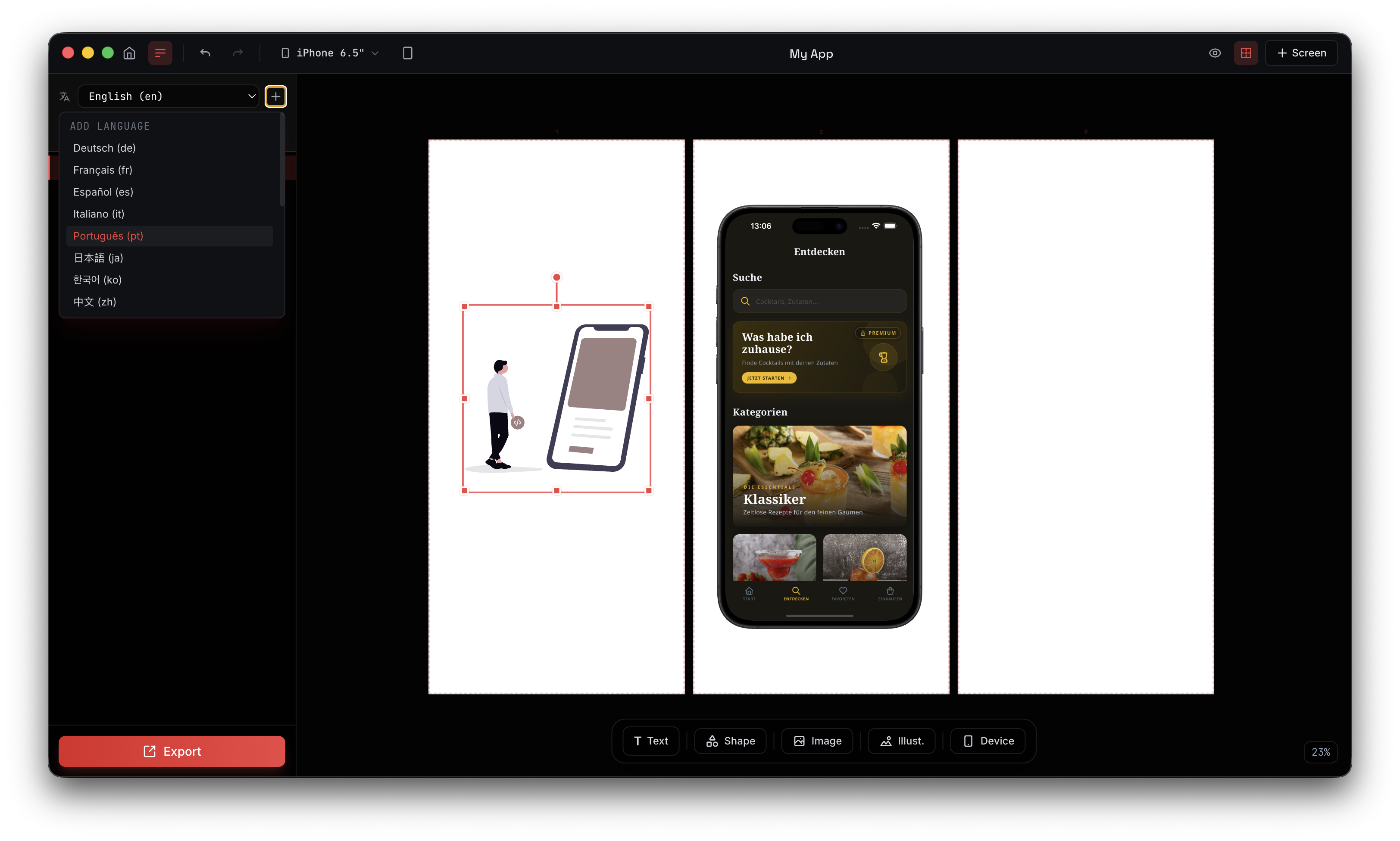 Lomio language switcher showing multiple languages with translation status