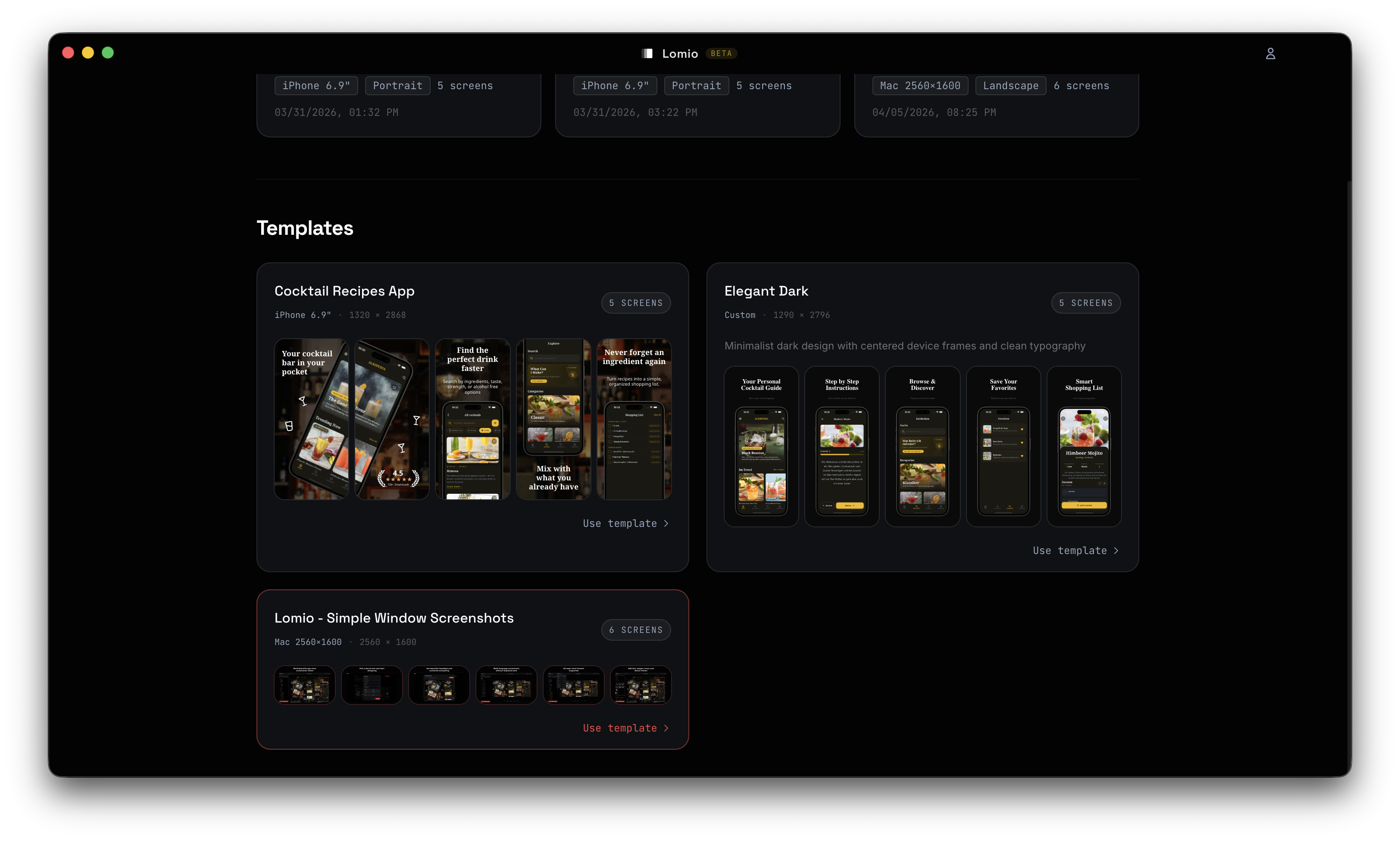 Lomio template selection screen showing multiple professionally designed templates